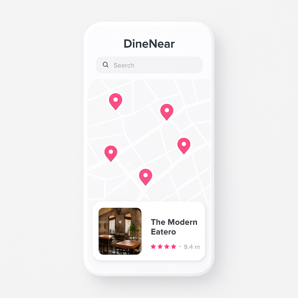 DineNear app showing nearby restaurants on a map